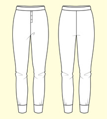  Ladies Nightwear Cuff Leggings Trouser - Black and White Outline Fashion Flat Sketch with Front and Back View.