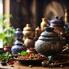 Asian traditional kitchen interior, ceramics and ingredients - 724782460