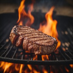 Grilled meat steak on the grill with fire - 724782461