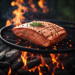 Grilled salmon steak with vegetables with fire  - 724782484