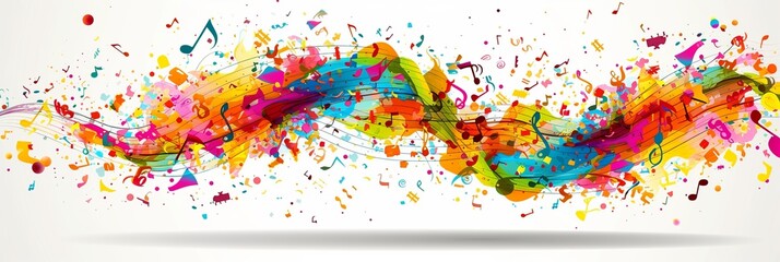 Abstract musical composition  melody uniting vibrant music notes and signs on bright background