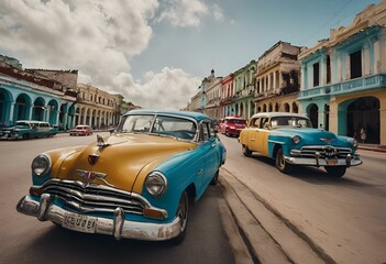 AI-generated illustration of Two vintage cars parked on a street amidst colorful buildings