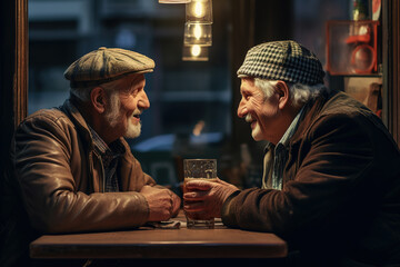 Two happy senior friends drinking a beer during dinner at local pub.