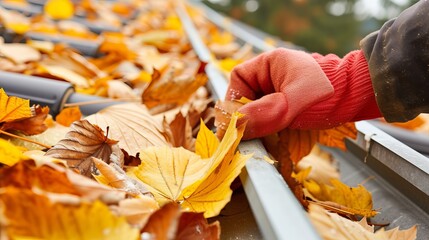 Preparing for winter  removing autumn leaves from roof gutters in the cleaning process