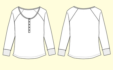 Ladies Nightwear Long-Sleeve Henley T-Shirt - Black and White Outline Fashion Flat Sketch with Front and Back View.