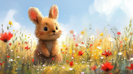 Summer watercolor illustration of a rabbit in the summer field