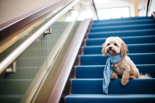 crestfallen dog with a blue scarf sitting on a quiet corporate staircase