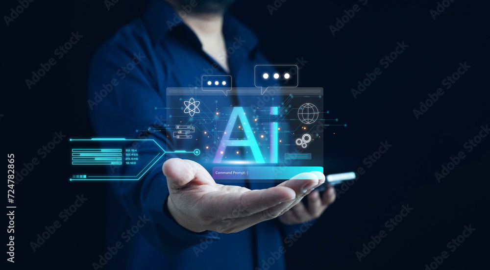 Poster ai technology, businessman show virtual graphic global internet connect chat with ai, artificial int