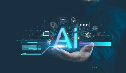 Ai technology, businessman show virtual graphic Global Internet connect Chat with AI, Artificial Intelligence. AI, using command prompt for generates something, Futuristic technology transformation.