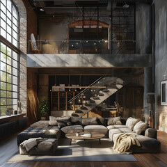 Living room interior in loft, industrial style, 3d render.