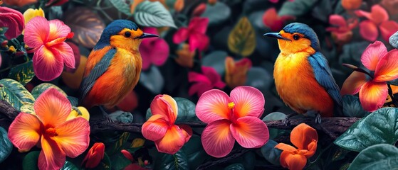 Obraz na płótnie Canvas Colorful Birds Among Bright Tropical Plants. Generative AI