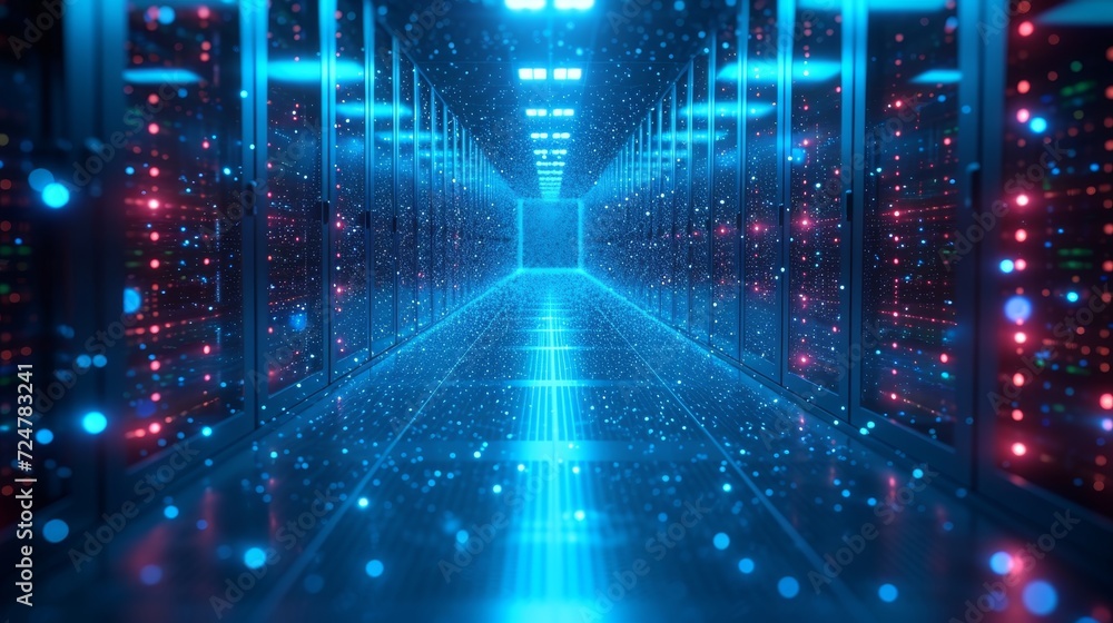 Poster Network connection in dark servers data center storage systems 3D rendering