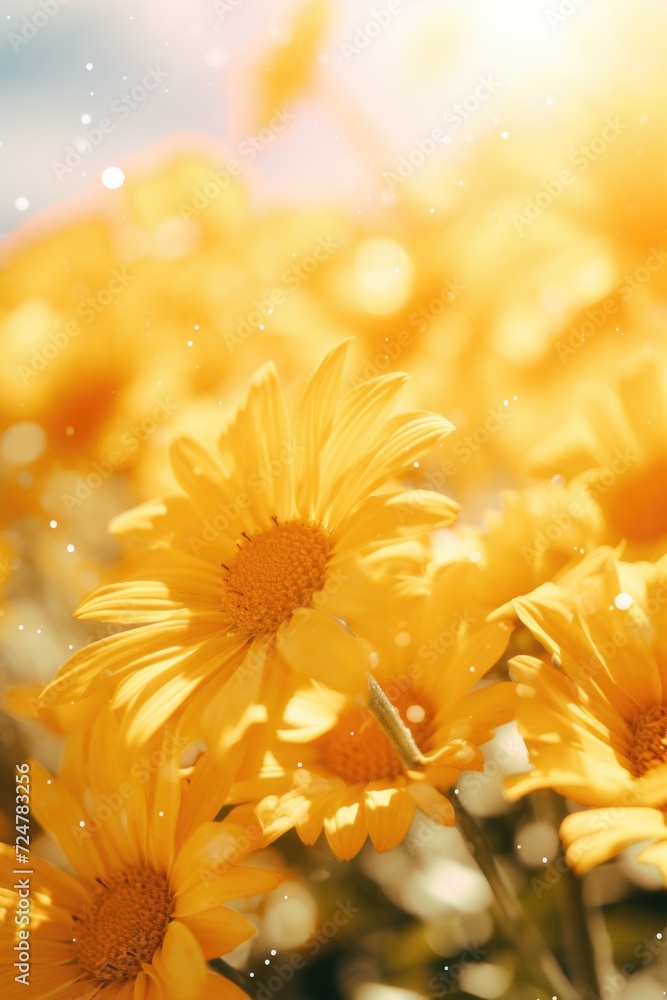 Poster a beautiful field of yellow flowers with the sun shining in the background. perfect for nature enthu