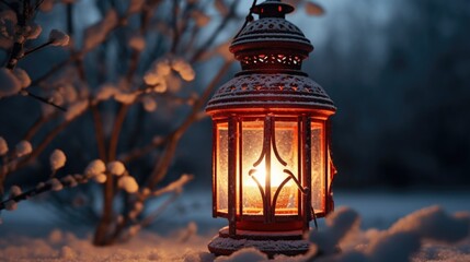 A red lantern illuminates the snowy landscape, creating a warm and inviting atmosphere. Perfect for winter-themed designs or holiday decorations