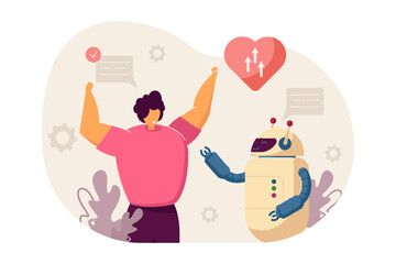 AI robot helping lonely person vector illustration. Heart, messages on background. Loneliness, communication, artificial intelligence concept 