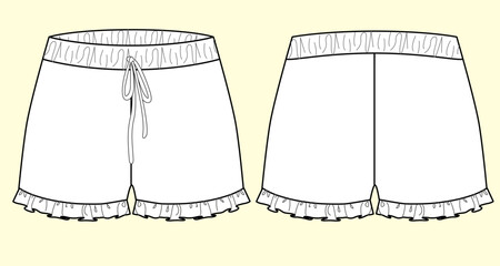 Shorts with Frill Joining at Hem and Tie on Waistband - Black and White Outline Fashion Flat Sketch with Front and Back View.