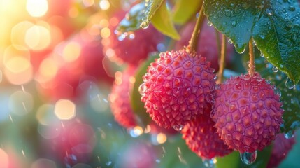  a close up of a bunch of fruit hanging from a tree with water droplets on the leaves and drops of...