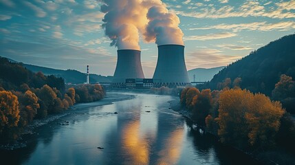 Nuclear power plant near the river, Thermal power station. Generative AI. - obrazy, fototapety, plakaty