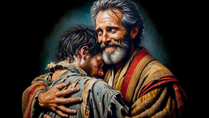 A Father's Embrace: The Prodigal Son's Bible Story of Journey Home to Forgiveness and Redemption Amidst Unconditional Love. - obrazy, fototapety, plakaty