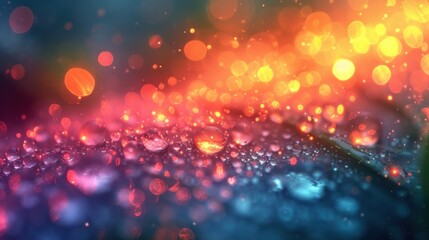  a blurry photo of a blurry background with many different colors and sizes of raindrops on the surface of the image, with a blurry background.