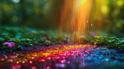  a blurry image of rain falling on the ground with a pink flower in the foreground and a green...