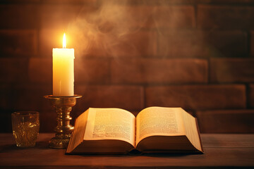 Bible and blown out candle on a old wooden table against brick wall. Religious concept.