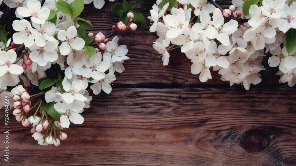 Poster a bunch of white flowers resting on a wooden surface. perfect for adding a touch of elegance to any 