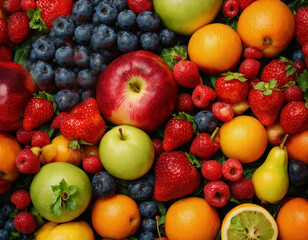 a fruit pile of kiwi, grapes, strawberries, oranges and other fruits, 