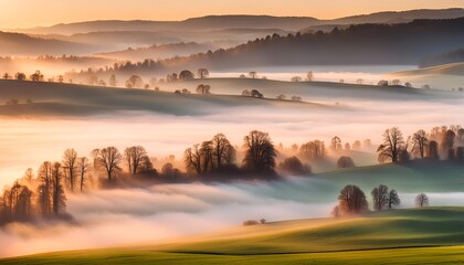 Morning fog in the valley, hills and trees in evening mist, beautiful nature landscape