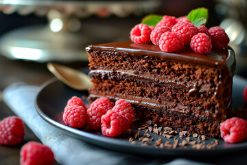 Chocolate cake with raspberries fruits dessert on a plate