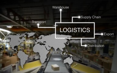Logistics concept map in the background a fulfillment center with packages on a conveyor belt and a...