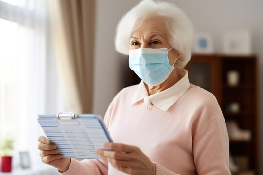 Senior Woman Wearing Protective Face Mask Checking Medical Report While Standing At Home.