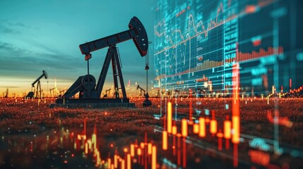 Oil platform on economic data background, Rise in gasoline prices concept with double exposure of digital screen, World Oil Industry. Generative AI.