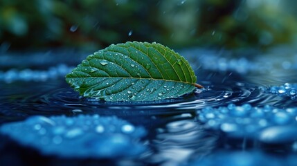  a green leaf floating on top of a body of water with drops of water on the bottom of it and a green leaf on top of the other side of the water. - Powered by Adobe