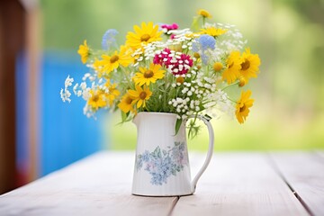 a rustic milk jug filled with wildflowers on a picnic table