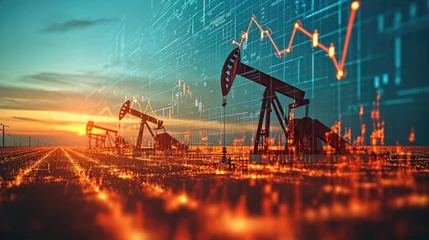 Tuinposter Oil platform on economic data background, Rise in gasoline prices concept with double exposure of digital screen, World Oil Industry. Generative AI. © visoot