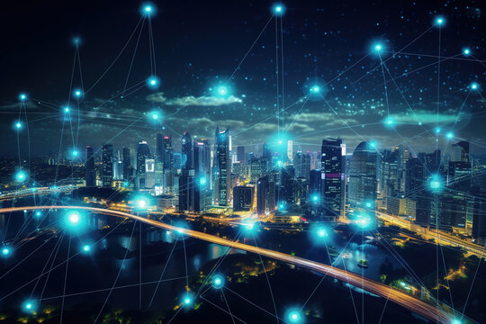 Modern city with wireless network connection and city scape concept.