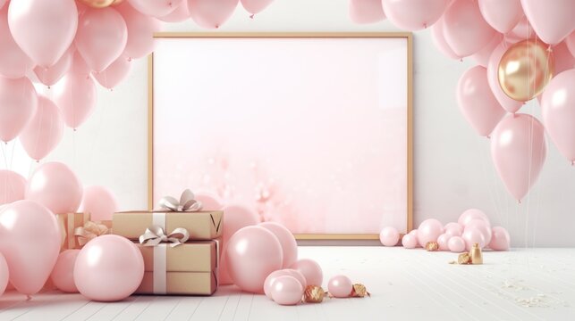 Picture frame surrounded by pink balloons and presents. Perfect for birthday celebrations and gift-giving occasions