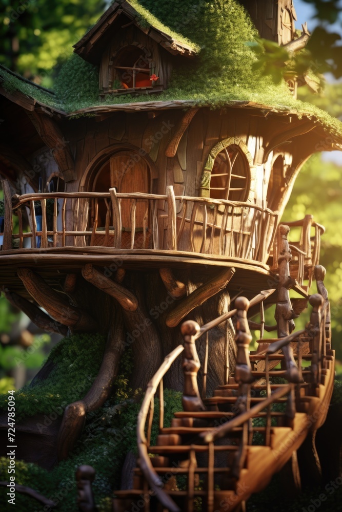 Poster A picture of a tree house with a staircase leading up to it. This image can be used to showcase a unique and adventurous play area in a backyard or park