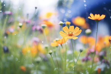 freshly bloomed wildflowers after a spring rain with water droplets