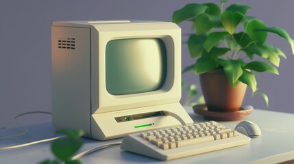 white old fashioned computer, soft lighting with plants on a desk