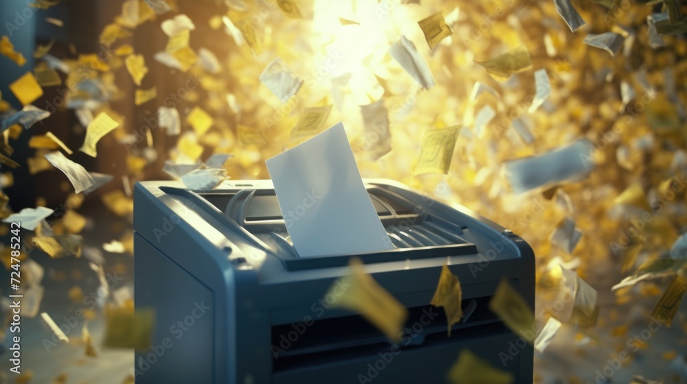 Poster a printer with a sheet of paper flying out of it. perfect for illustrating printing, technology, and
