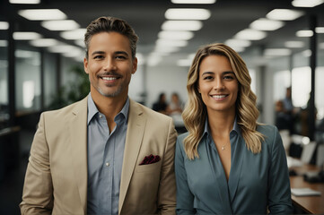 Beautiful young business couple is smiling at their business office looking at the camera