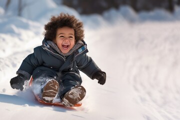 Fototapeta na wymiar Little african american boy sliding on snow in winter. Kid playing outdoors
