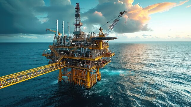 Offshore oil and gas rig platform with beautiful sky, Petroleum industry. Generative AI.