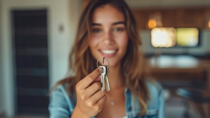 Hand of real estate agent holding house keys, A young woman holding house keys in her new home. Generative AI.