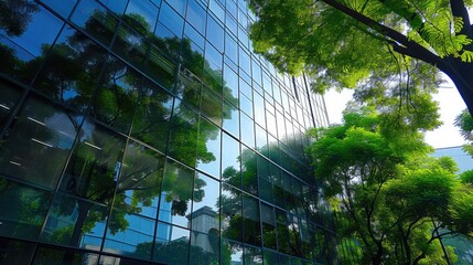 .A sustainable glass office building in the modern city, featuring eco-friendly design with integrated trees to reduce carbon dioxide.