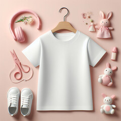 Blank white cotton newborn baby top t-shirt mock-up template design.cute little boy girl child isolated infant toddler shirt clothing fashion apparel wooden store mockup illustration.