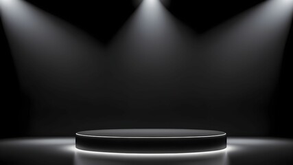 an empty glowing podium on a black background. product platform, demo studio.