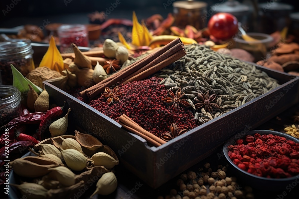 Aufkleber A collection of various spices stored in a wooden box. Perfect for adding flavor and aroma to your culinary creations.